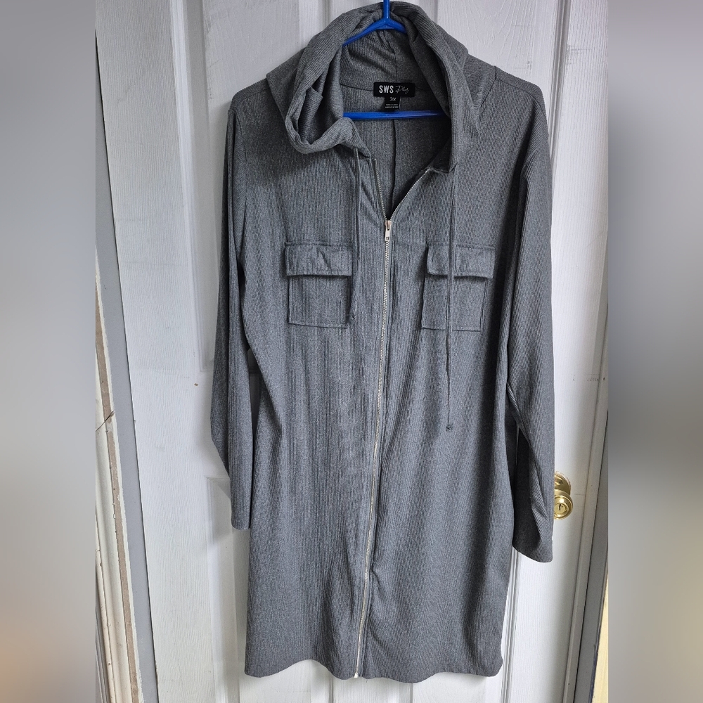 Zipped, Hooded Dress... Knee High. worn Once. Very Stretchy